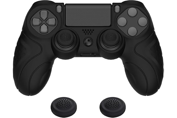 playvital Protection pour ps4 Coque Manette,Housse Silicone avec Capuchon Joystick pour ps4 Slim Pro Controller Skin Cover-Noir,Guardian Edition