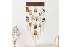 Dremisland Hanging Photo Display Board with 35 Clips Brown Photo Boards Picture Frames Trangle Macrame Boho Decor Wall Holder Organizer Tassels Christmas Photo Picture Frames for Multiple Pictures