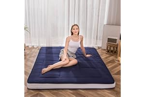 MAXYOYO Materasso futon, materasso da pavimento giapponese, trapuntato, extra spesso, pieghevole, traspirante, letto per gli ospiti e divano da campeggio (blu navy, king size)