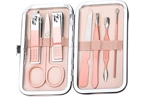 INLAQ® Set cosmétique 7 pièces de haute qualité, hypoallergénique et durable, pour la manucure, la pédicure et le soin des sourcils, composé d'outils en acier au tungstène dans un étui beige.