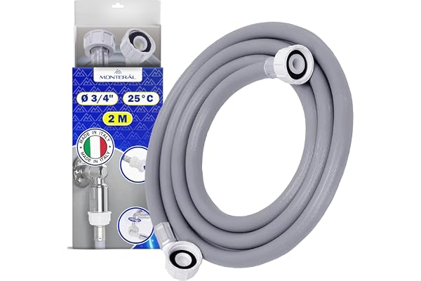 Tuyau Machine à Laver et Lave Vaisselle 2 m pour Arrivee Deau pour Températures de 25°C Pression de 20 à 60 Bar Connexion est Droite et Coudée Ø 3/4" - MADE IN ITALY - MONTERAL