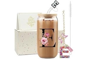 ZIOSINM Vaso con Pajita Letras A-Z, 500ml Vaso Cristal con Tapa y Pajita, Regalos Originales para Mujer, Ideal Regalos de Cumpleaños para Madre, Profesora, Mejore Amiga, Mujer (E)