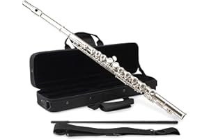 Classic Cantabile FL-100 Flûte Traversière, idéale débutants, maillechort nickelé, clés fermées, mécanique en E, sol avancé, accord en do, étui et accessoires inclus, finition argentée.