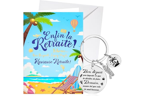 DPKOW Porte-Clés Carte Départ Retraite avec Enveloppe, Carte de Vœux Heureuse Retraite Cadeau Porte-Clé pour Femme Homme Collegue, en Or Brillant, ENFIN LA RETRAITE