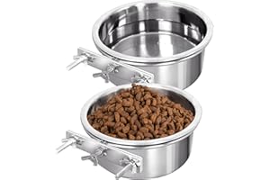 Hniuyun Water Bowl Food Bowl for Kennel Cage Crates, 2 Pcs Hanging Pet Bowl, Stainless Steel Bowl Quick Lock Bowls for Dog Cat Bird Guinea Pig Rabbit Chicken Coop(14-16cm), Silver
