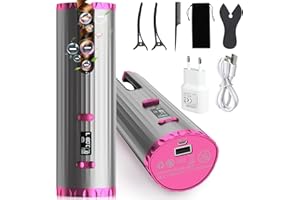 HAUEA Fer à Boucler Automatique, Boucleur a Cheveux Portable Fer à Friser Sans Fil, Rechargeable USB, 6 Température/Minuterie, Boucleur Céramique Bigoudi Anti-Brûlures, pour Variété de Coiffures Bouclés
