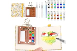 AOOTE Kit Aquarelle Miniature Voyage,12 Couleurs Mini kit de Peinture Aquarelle de Voyage,6 pièces Palette d'Aquarell Portable avec 8 grilles,Papier Aquarelles, Clip & Carnet de Croquis(Jaune)