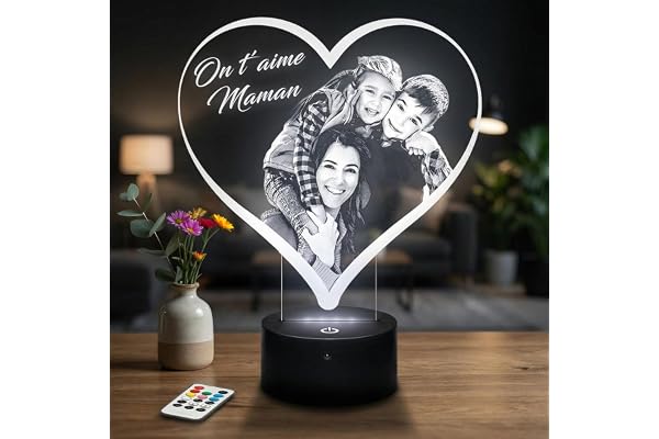 Lampephoto.fr - Lampe photo Personnalisée Coeur, Cadeau Fête des Mères, Maman, Idée cadeaux personnalisés femme, couple, fete des mere Photo et Texte Personnalisable, Lampe plexiglass