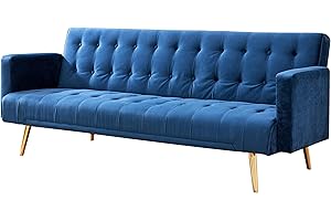 Home Detail Firm Velvet Three Seater Sofa Bed in Grey Pink Blue or Green with Contrast Golden or Rose Gold Finish Legs (Blue with Golden Legs)