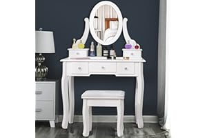 Blisswood Dressing Table With 5 Drawer & Stool Set, Makeup Vanity Table With Oval Mirror, Cosmetic Bedroom Dresser Make Up Desk For Bedroom Furniture (80 x 40 x 136 cm)