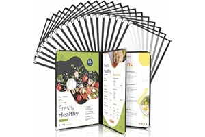 WenYa A4 Menu Covers (20 Pack), 3 Pages 6 Views (Booklet) Cafe Style Menu Holders, Black Trim Clear View Wine Menu Cover with Metal Corner Protectors, Fits A4 Size Paper for Restaurants Bars Cafes