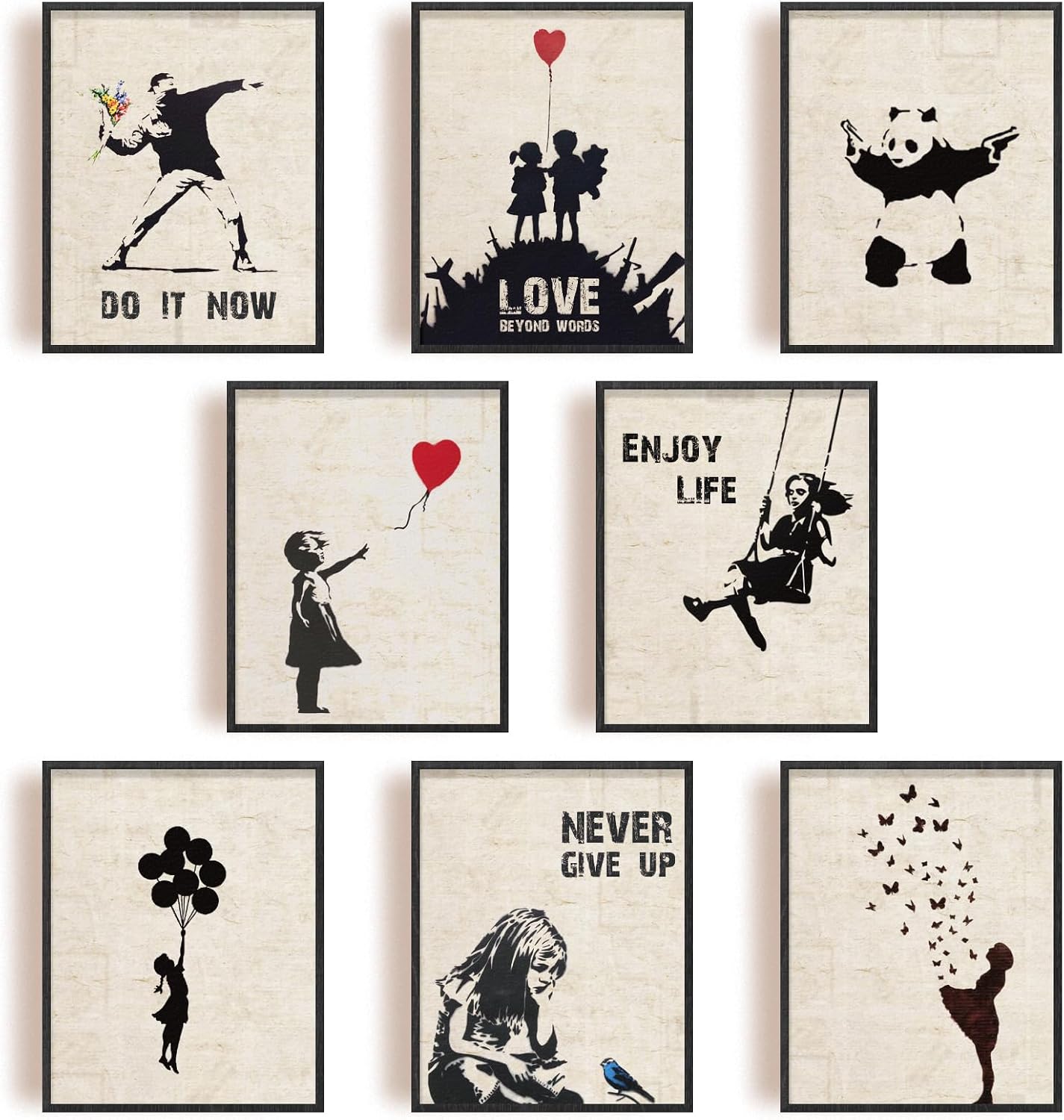 INFUNLY 9 Set Banksy Wall Art Prints Banksy Canvas Wall Art 8x10inch Unframed Panda Prints Banksy Posters Pictures Graffiti Street Wall Art Inspirational Quotes Art Wall Poster for Bedroom Living Room