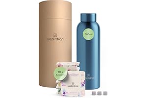 WATERDROP MICRODRINK waterdrop® Coffret Dégustation Inox, 1 Bouteille Isotherme 600 ml + 18 cubes Microdrink, 6 saveurs, Aux extraits naturels de fruits et de plantes + vitamines, Sans sucre, Boisson en cube