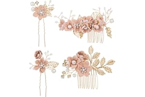 QIUJUNDE 4 Stück Gold Perle Haarschmuck Hochzeit Trocken Blumen Dirndl für Damen Mädchen,Altrosa Pink Rose Blume Strass Kristall Haarkamm Haarnadeln Brautschmuck Haarspangen Haarklammern für Braut Brautjungfer