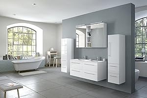 ‎JUNADO SAM Badmöbel-Set Villa 4-TLG, Hochglanz weiß, Softclose Badezimmermöbel, Doppelwaschplatz 120 cm Mineralgussbecken, Spiegelschrank, Zwei Hochschränke, 4 teilig