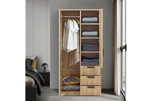 [en.casa] Armario Dormitorio Eiselfing Armario Ropero Clóset con 2 Puertas 1 Perchero 4 Compartimentos 3 Cajones para Dormitorio Vestidor MDF 176 x 80 x 52 cm - Efecto Roble