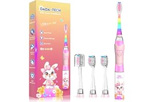 DADA-TECH Kids Electric Toothbrush 3-5-6-12, Toddler Toothbrush Girls Electric Toothbrush with Timer Rainbow LED Light Up Sonic Battery Powered Junior Childrens Electric Toothbrush (Rabbit Pink)