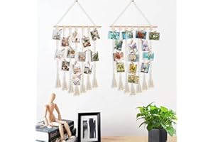 HIQIKU Photo Hanging Macrame 2 Pieces Wall Hanging Photo Wall Picture Frame Collage Photo Curtain Tapestry Photo Wall with 60 Wooden Clips and 2 Traceless Nails Boho Decoration