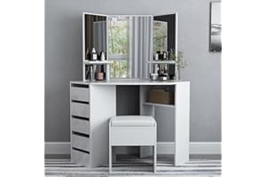 OKEPS GD Hampton&Stewart Modern Corner Dressing Table Multi-Angle Mirror with Stool Desk 5 Drawers UK (White)