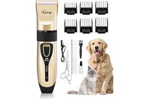 Toozey Tosatrice per cani e gatti, per pelo lungo/spesso/corto/ricci, kit tosaerba per toelettatura senza fili, ricaricabile, per tutti gli animali, e-book, oro