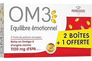 OM3 - Équilibre Émotionnel Formule Originale - Huile de poissons concentrée à 91% d'Oméga-3-Format économique -3x60 capsules, Blanc, Format économique - 3X60 capsules