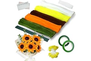 Ezitruz 500 Stück Pfeifenreiniger Blumen Set, 5 Farben Pfeifenputzer zum Basteln für DIY, mit Schleifenband, Klebeband, Staubblätter, Blumendraht, Blumenpapier, Anleitung zum Blumenbasteln, Gelb