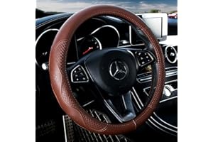 MENIFOMORY Brown Wheel Cover Cowhide Steering Wheel Cover Brown Leather Car Steering Wheel Cover Universal 15inch Fit Car/Auto/Suv (A-Brown)