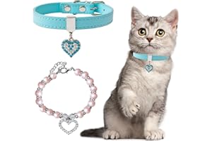 HACRAHO Collare di perle di gatto, 2 pezzi di collare in pelle per cani e gatti, set di collana in pelle con ciondolo a forma di cuore, per cani di piccola taglia e gatti, colore: blu e rosa chiaro