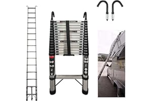 HUINI 4,4m Teleskopleiter mit Abnehmbarem Haken Ausziehleiter Klappleiter Edelstahlleiter für Wohnmobil/Dachboden/Büro/Warenhaus Mehrzweckleiter leicht zu tragen