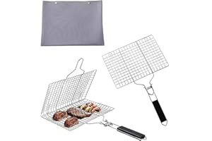 OVERPASSING 2Pcs Portable BBQ Grill Basket, Folding Fish Grilling Basket, Foldable Stainless Steel BBQ Net Basket with Removable Wooden Handle for Roast Fish, Kabob, Vegetables, Steak, Shrimp