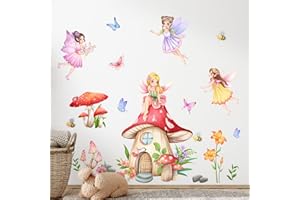 Supzone Adesivi Murali Bambini Fate Funghi Ragazza Adesivi da Parete Fiori e Farfalle Elfo Decorazione Murale per Camere Ragazze Bambini Camera da Letto Soggiorno