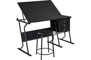 Soberine Tavolo da Disegno in MDF e Acciaio per Arte con Cassetti Sgabello Regolabile in Altezza Scrivania da Lavoro Artistica con Angolo Inclinabile Nero