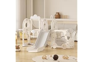 VUECER Tobogán para Niños Pequeños con Escalera: Zona de Juegos Interior y Exterior con Caja de Almacenamiento Túnel Escalera Aro de Baloncesto y Zona de Paso Tobogán de Jardín (Bus Set-H-Gray)