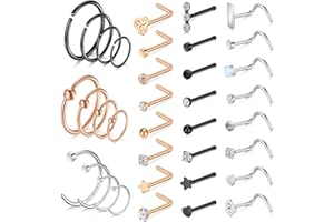 Rajnard Piercing Nariz Acero Quirúrgico 24-30pcs Cristal de Colores L Forma Anillo Nariz Espiral 20G Mujeres y Niñas