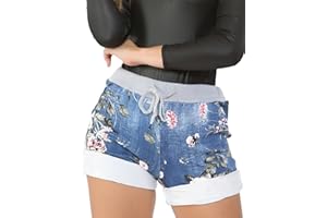 Love My Fashions® Women Multi Floral Tartan Star Print Denim Look Italian Cotton Pajama Shorts Elastic Drawstring Waist Cropped Summer Hot Bottoms Ladies Casual Yoga Sports Beach Pants