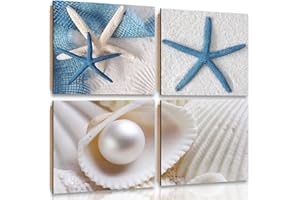 FEEBY FRAMES Feeby Cuadro Decorativo Playa 4 Piezas 40x40 cm Modernos Impresión Artística Calidad Fotografica Imagen Decoración de Pared Salon Dormitorio Cocina Oficina Pasillo Conchas Blanco