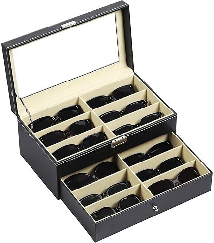 Relaxdays Rangement Pour 12 Paires De Lunettes - Coffret Élégant Aspect Cuir Avec Fenêtre Verre, 15,5 X 33,5 X 19,5 Cm, Noir - Protection Anti-Poussière