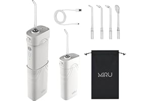 MIRU Idropulsore Portatile 200 ml, Irrigatore Dentale con 4 Ugelli di Ricambio, 5 Modalità, IPX7 Impermeabile, Kit Pulizia Denti Tartaro Professionale, Idrogetto per Pulizia Denti (Bianco BIP-003)