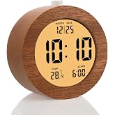 Plumeet Wooden Electronic Alarm Clock, 4" Wooden Battery Operated Alarm Clock, with Snooze Function and Night Light, LCD Desk
