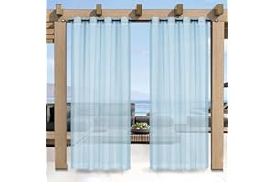 Heavyoff Outdoor Vorhang Wasserdicht Transparent Gardinen mit Ösen Leinenoptik Outdoorvorhänge für Gartenlaube Balkon Terrasse Pavillon 2 Stück, Blau, 305x244cm