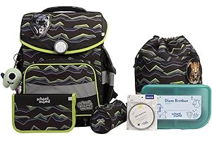 SCHOOL-MOOD Timeless Pro Schulranzenset 7-teilig 23,5L Stauraum, ergonomisches Easy Fit System für 1 m bis 1,50 m Körpergröße, standfest, wasserdichter Stoff mit Reflektoren (Finn Panther)