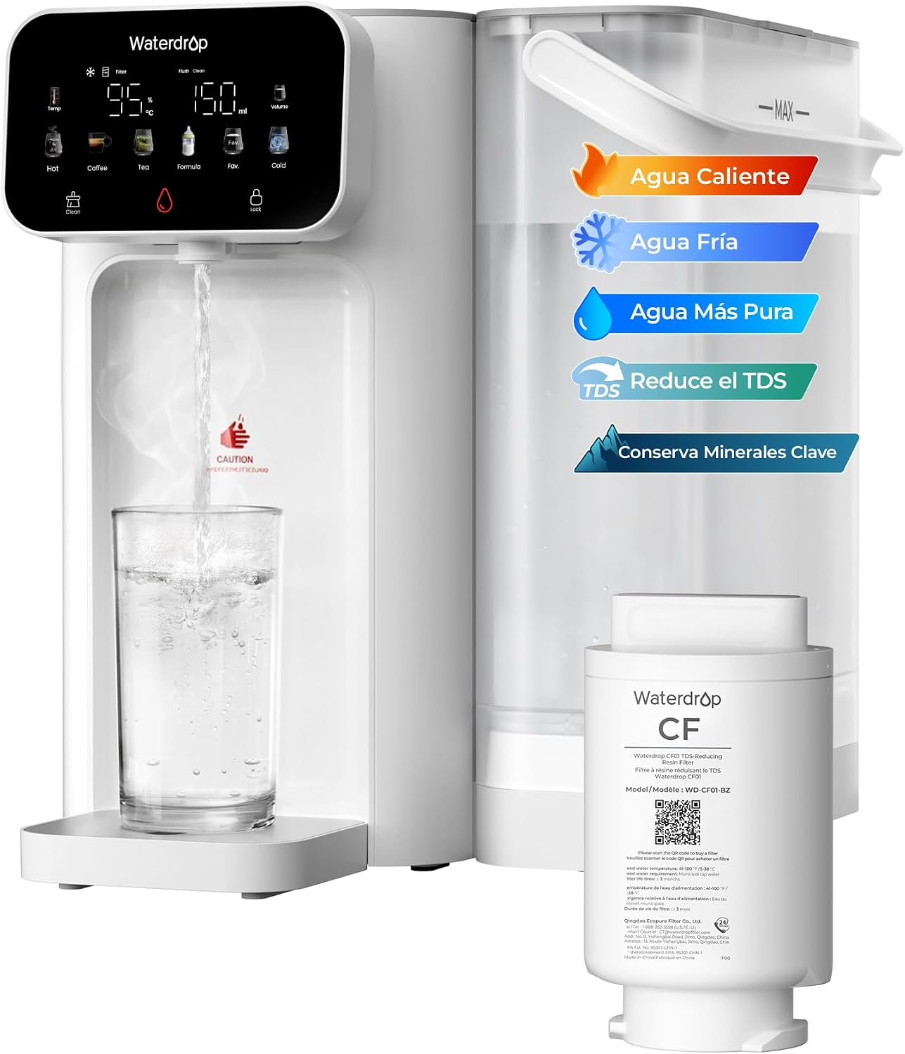 Waterdrop CT01 Fría & Caliente Dispensador de Agua con Filtro, Reduce TDS, Cal, Cloro, Conservar Minerales Importantes, 8 Etapas Filtración con Esterilización UV, Múltiples Temperatura (15-95 °C)