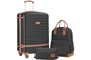 COOLIFE Suitcase Trolley Carry On Hand Cabin Luggage Hard Shell Travel Bag Lightweight with TSA Lock,The Suitcase Included 1pcs Travel Backpack and 1pcs Toiletry Bag (Black/Brown, 24 Inch Luggage Set)