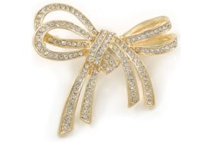 Avalaya Double Bow Clear Crystal Brooch in Bright Gold Tone Metal - 55mm W
