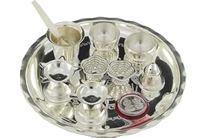 BENGALEN Pooja thali Set 8 Inch Silver Plated Ethnic Puja Thali for Diwali Daily Home Mandir Office Wedding Return Festive Gift Items