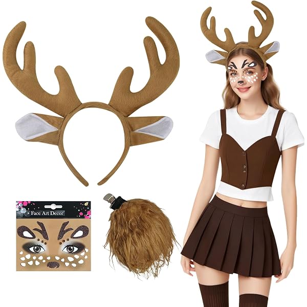 Shengou Déguisement Renne Femme - Costume Cerf Complet Avec Bandeau Bois, Jupe Tutu Et Tatouage Visage Pour Noël Et Carnaval
