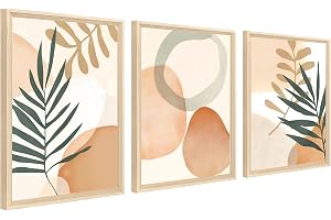 Set med canvastavlor, med ram, gula cirklar, akvarell, gröna blad, canvasbild, målningar, botanisk, minimalistiska, moderna, vardagsrum, sovrum, 30 x 40 cm, utan plexiglas, 3 stycken