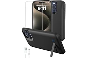 Gladgogo Akku Hülle für iPhone 15 Pro Max(8500 mAh, 6,7 Zoll), Ultra-schlanke Akkuhülle Wiederaufladbar Batterie mit Faltbarer Handyhalter und Schutzfolie, Tragbares Batterieladegerät Hülle, Schwarz