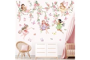 decalmile Pegatinas de Pared Infantiles Flor Hada Rosa Vinilos Decorativos Flores Peonía Acuarela Mariposa Adhesivos Pared Habitación Niña Dormitorio Salón