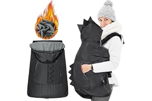 Orzbow Couverture de Portage Bébé, Imperméable Couverture Porte Bebe Hiver, Partie Supérieure Amovible, Doublure Chaude en Polaire, Poche Frontale, Fermetures Éclair, Dinosaure Noir